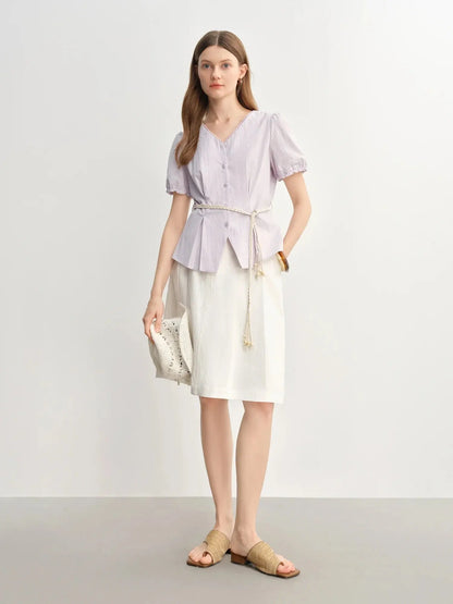Summer V-Neck Top with Textured Pleats