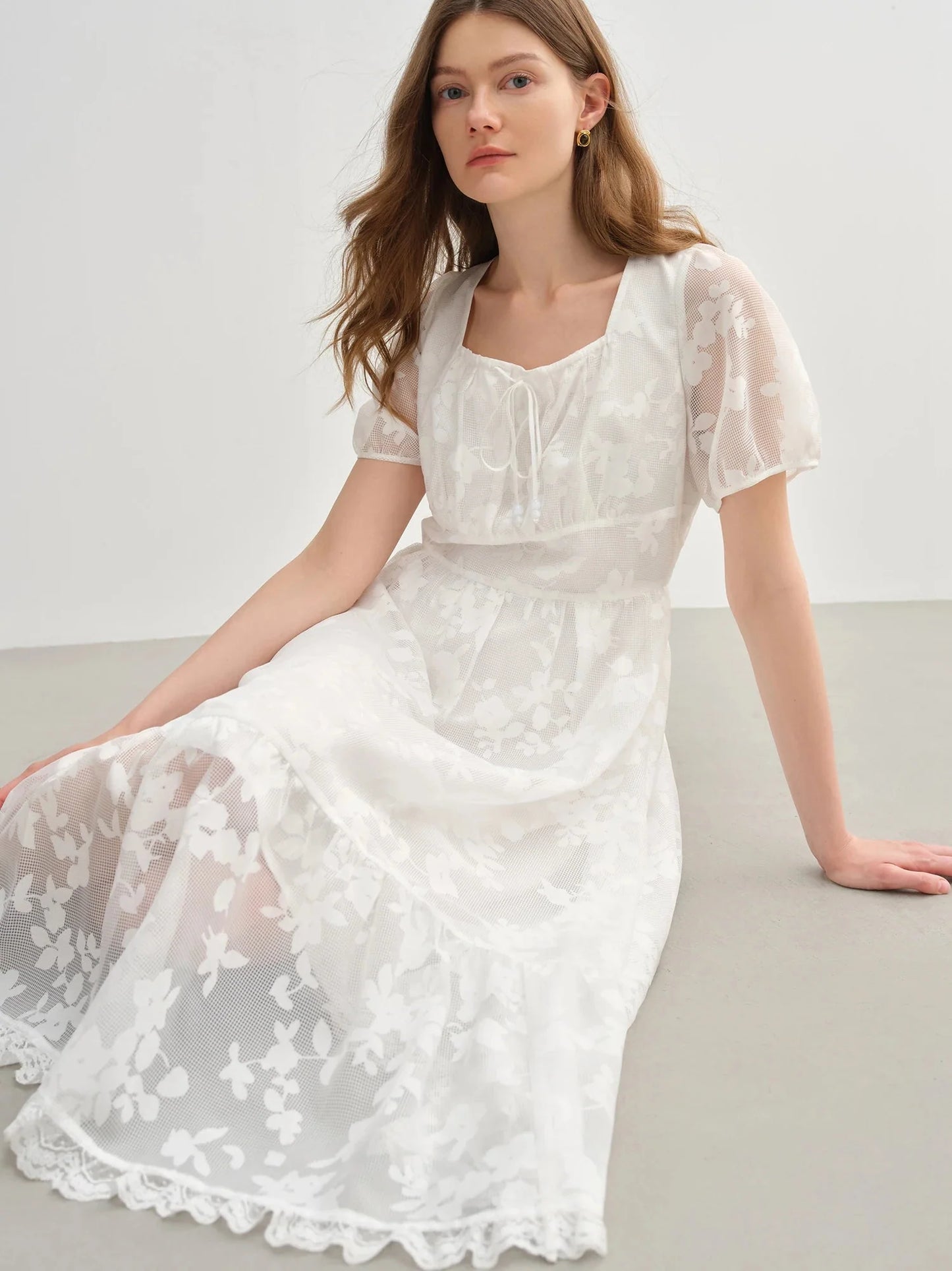 Plus Size White Burnout Dress Elegant Square Neck Summer