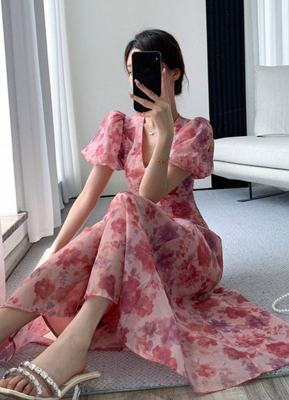 BSummer V-neck Slim Waist Floral Printed Ladies Dress Elegant Puff Sleeve A-line Vestidos