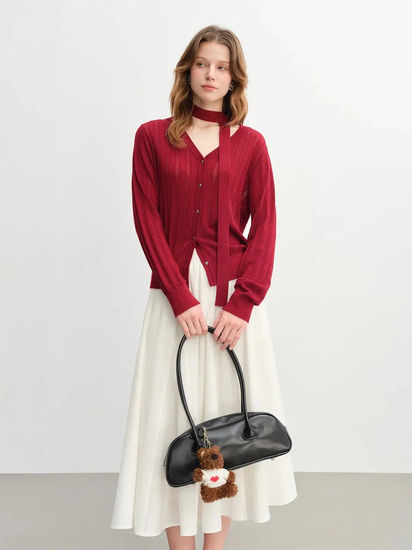 Detachable Bow & Lace Knit Cardigan