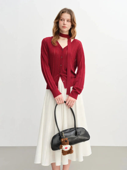 Detachable Bow & Lace Knit Cardigan