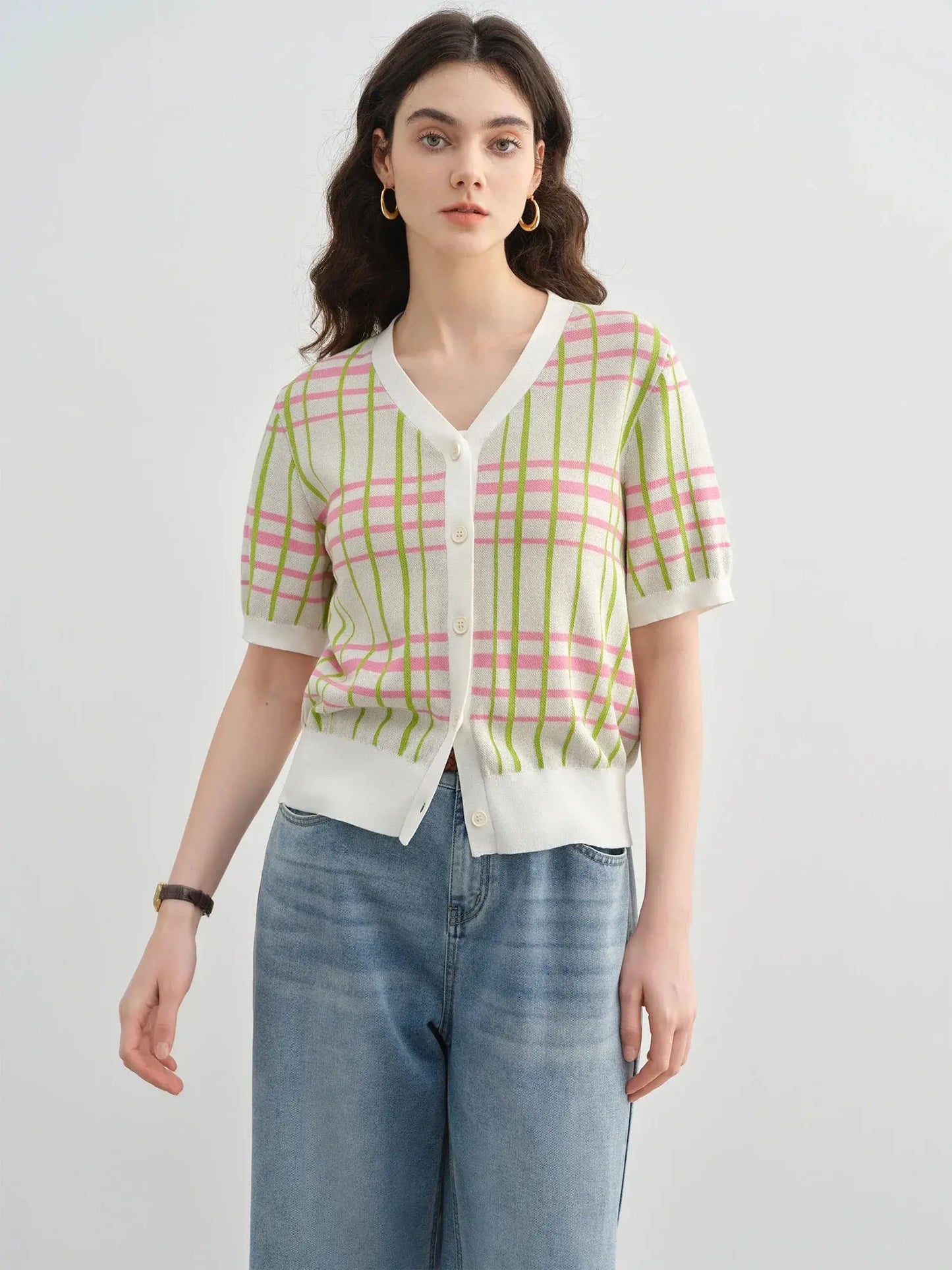 New Summer Plus Size Short-Sleeve Plaid Cardigan