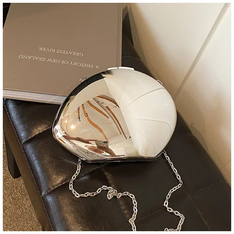 Designer Acrylic Shell Shape Clutch Bag | Gold Silver Women's Evening Party Bag (Cute Shiny Metal Shoulder & Crossbody Purse)