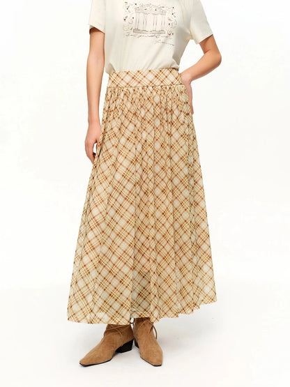 Brown Midi Skirt Retro Plaid Mesh