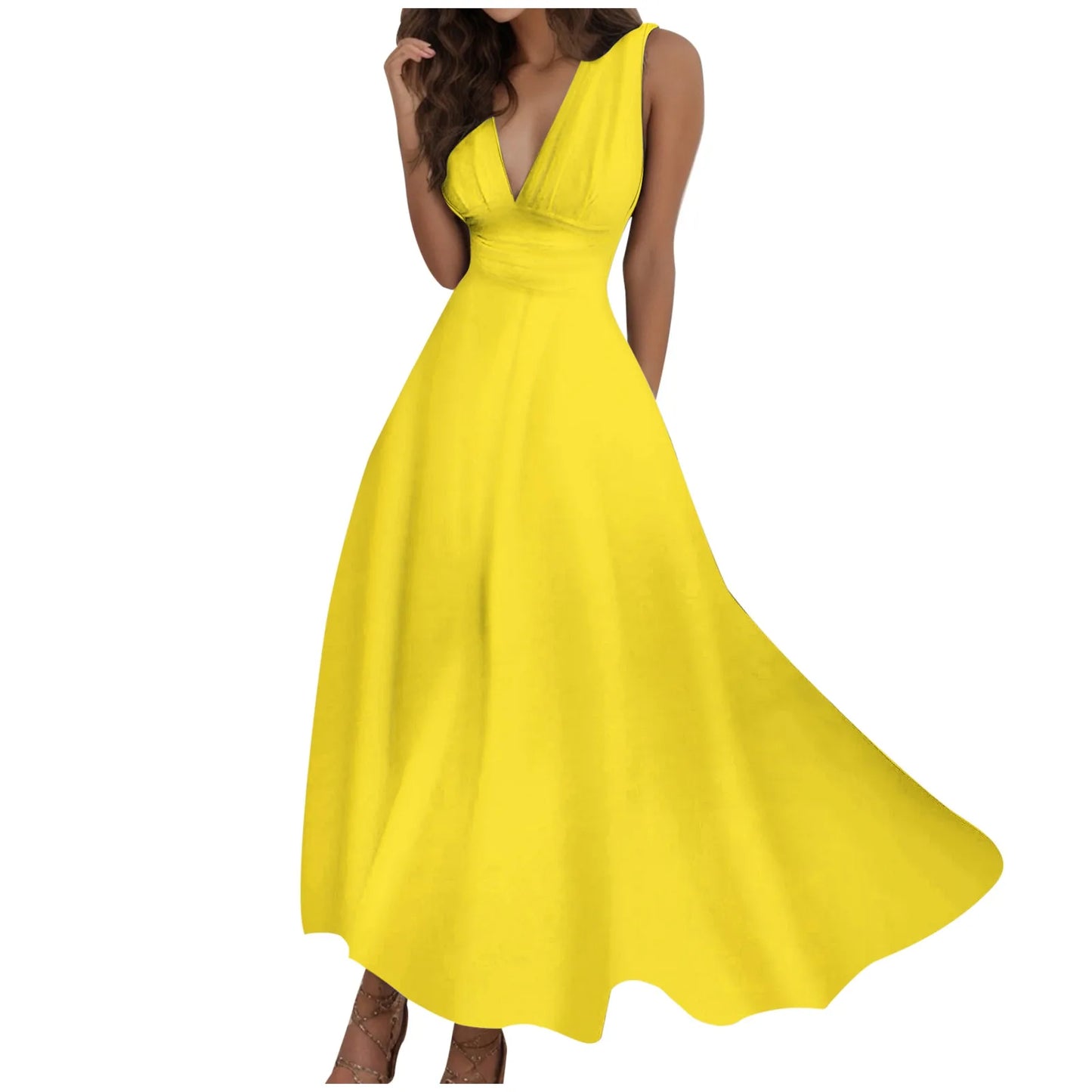 V-Neck Sundress - Sleeveless Long Dress with Side Zipper