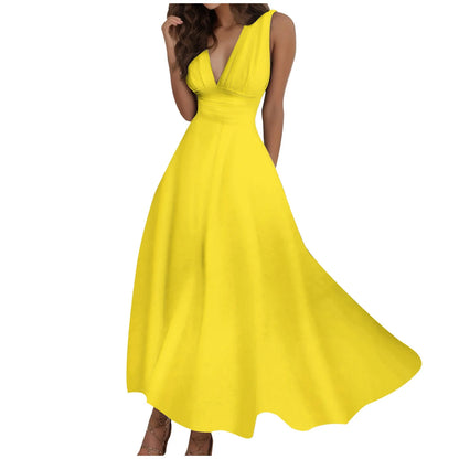 V-Neck Sundress - Sleeveless Long Dress with Side Zipper