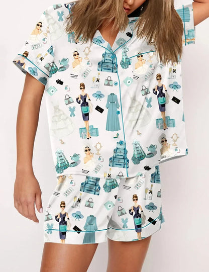 Y2k Bow Boots Print Satin Pajamas Short Set For Valentine's Day Satin Silk Pjs Sleepwear Loungewear Lounge Set for Women