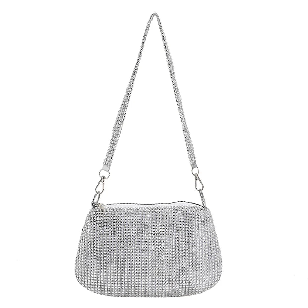 Bling Rhinestone Evening Clutch Bag | Women's Korean Designer Diamond Chain Dinner Party Handbag (Lady Square Tote Shoulder Bag)