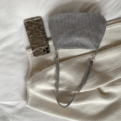 Bling Rhinestone Evening Clutch Bag | Women's Korean Designer Diamond Chain Dinner Party Handbag (Lady Square Tote Shoulder Bag)