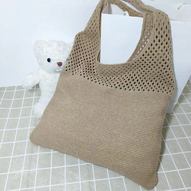 New Trend Women's Crochet Handbag | Retro Knitted Braid Solid Color Hollow Top-Handle Tote Bag (Black Khaki Shopper)
