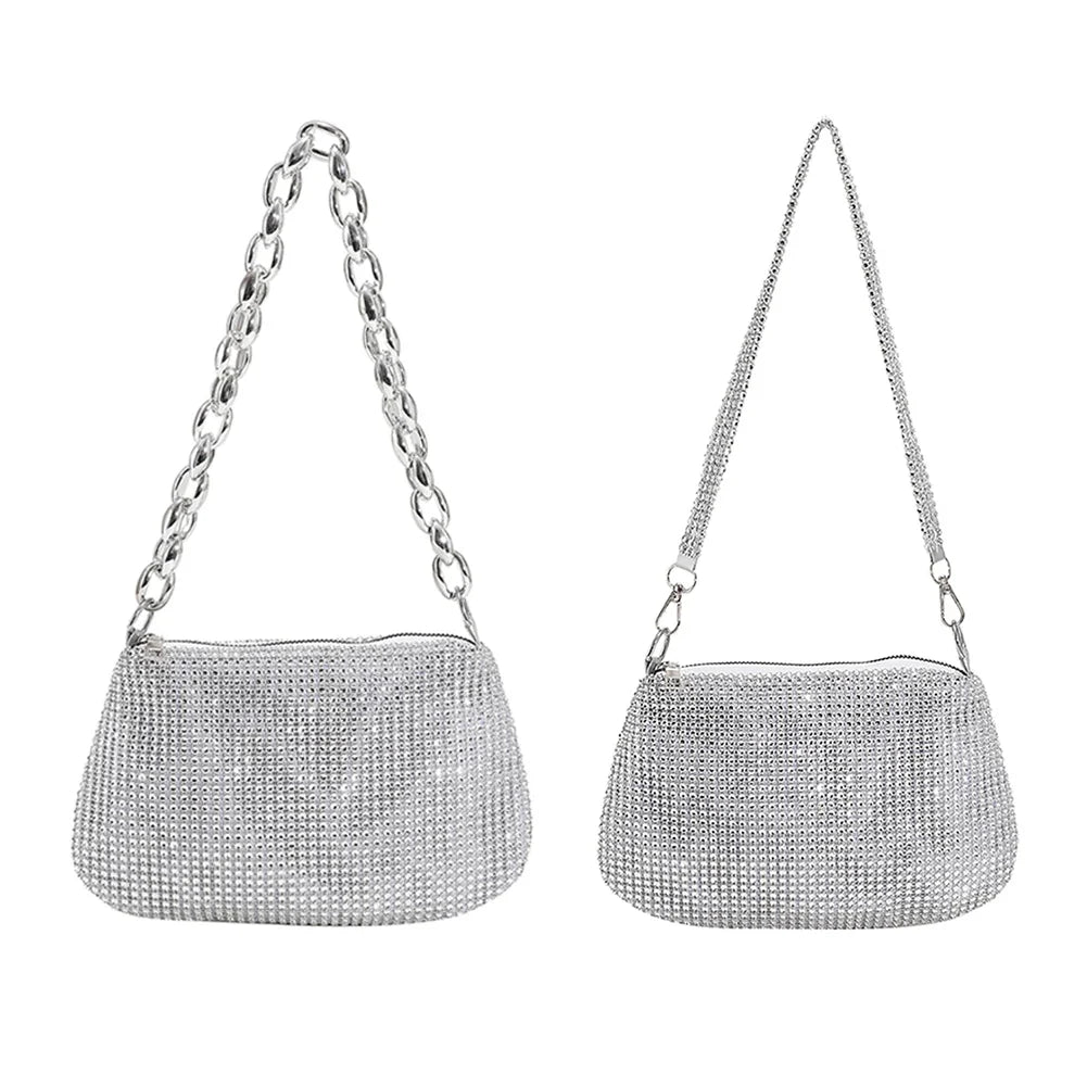 Bling Rhinestone Evening Clutch Bag | Women's Korean Designer Diamond Chain Dinner Party Handbag (Lady Square Tote Shoulder Bag)