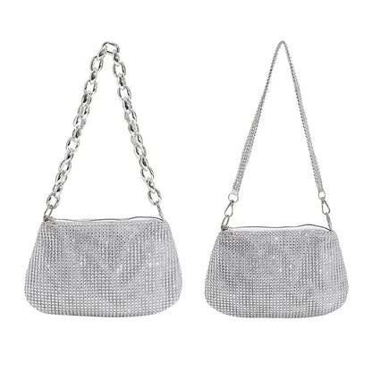 Bling Rhinestone Evening Clutch Bag | Women's Korean Designer Diamond Chain Dinner Party Handbag (Lady Square Tote Shoulder Bag)