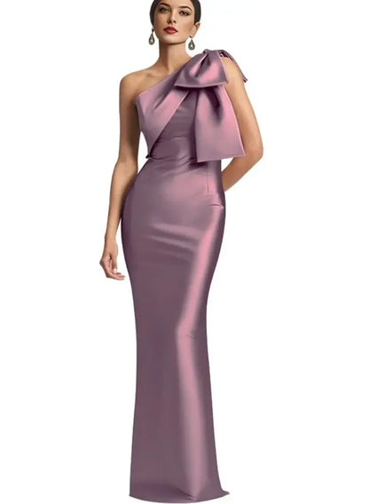 Satin Single Shoulder With Bow Bridal Formal Dress