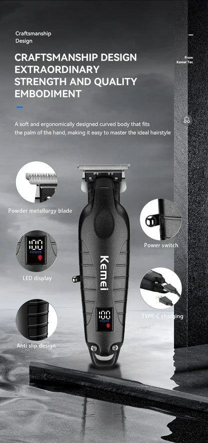 Kemei Professional Hair Clipper – LCD Display, Cordless Electric Trimmer