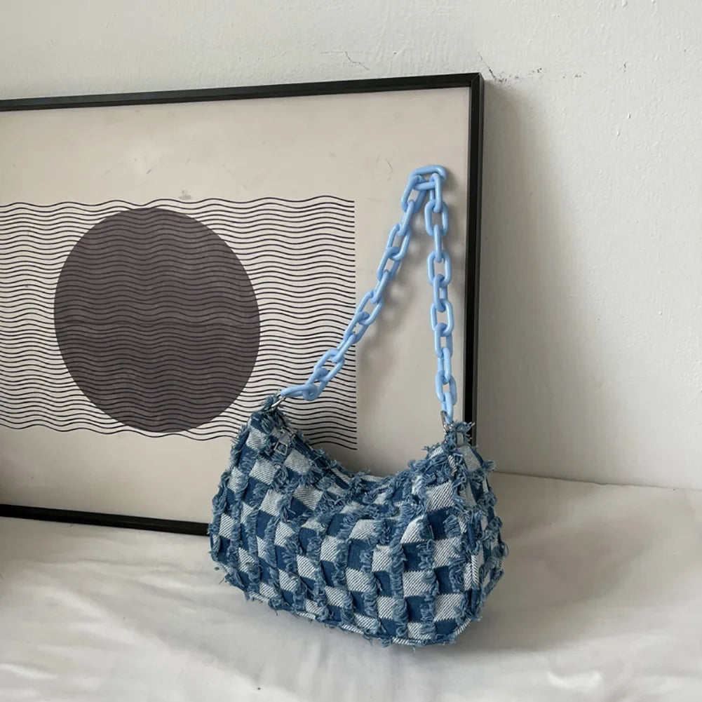 Vintage Women's Casual Shoulder & Underarm Bag | Plaid Pattern Denim Small Purse (Ladies Chain Leisure Handbag, Hobo Style)