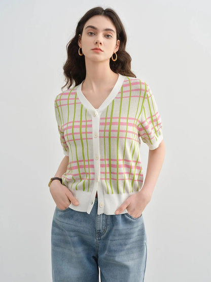 New Summer Plus Size Short-Sleeve Plaid Cardigan