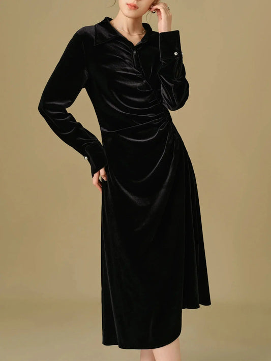 Elegant Black Velvet Long Dress with Polo Neck
