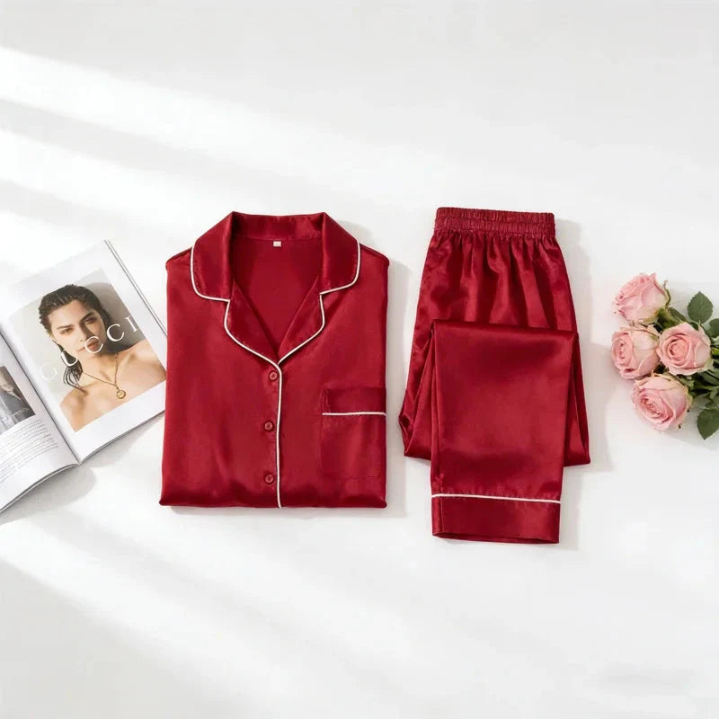 Mulberry Silk Pajama Set Plain Satin Long Pants