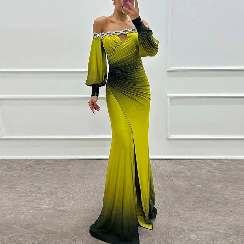 Fashion Patchwork High Waist Dress  Casual Contrasting Color Pleated Slim Long Dress New Off Shoulder Lantern Sleeve Party Dress