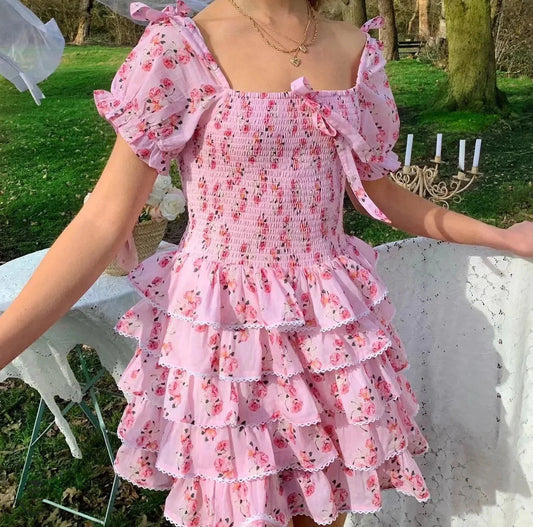 Pretty Pink Floral Print Puff Sleeve Dress