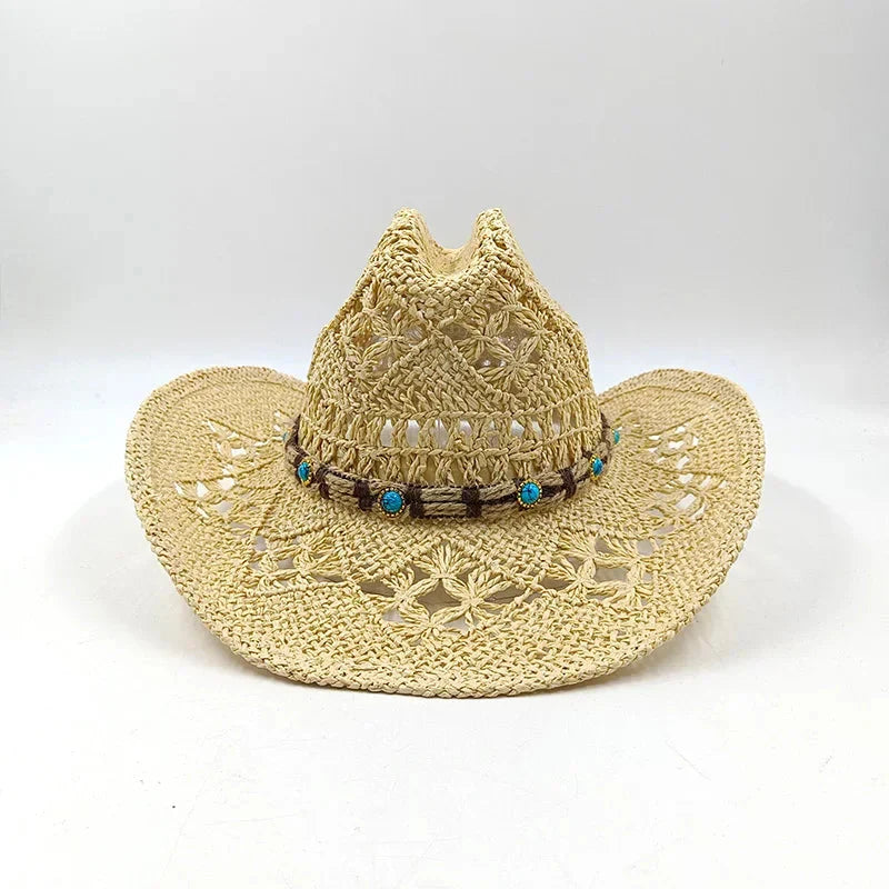 Hand-woven hollow denim straw hat men's and women's summer sunscreen hat western cowboy straw hat sombrero mujer sombrero hombre
