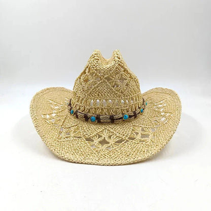 Hand-woven hollow denim straw hat men's and women's summer sunscreen hat western cowboy straw hat sombrero mujer sombrero hombre