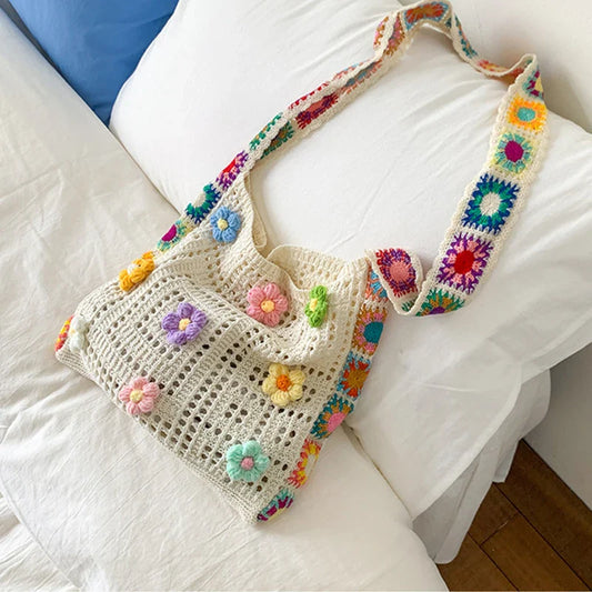 Trendy Large Capacity Boho Tote Bag | Floral Crochet Handbag & Vintage Multicolor Cut-out Knitted Shoulder Bag (Fashionable Hollow Out)