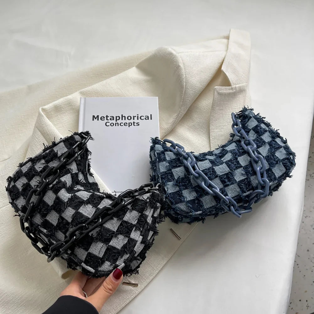 Vintage Women's Casual Shoulder & Underarm Bag | Plaid Pattern Denim Small Purse (Ladies Chain Leisure Handbag, Hobo Style)