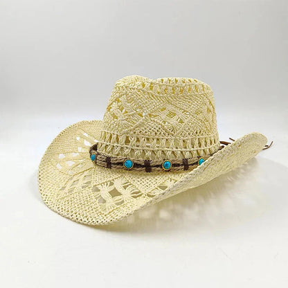 Hand-woven hollow denim straw hat men's and women's summer sunscreen hat western cowboy straw hat sombrero mujer sombrero hombre