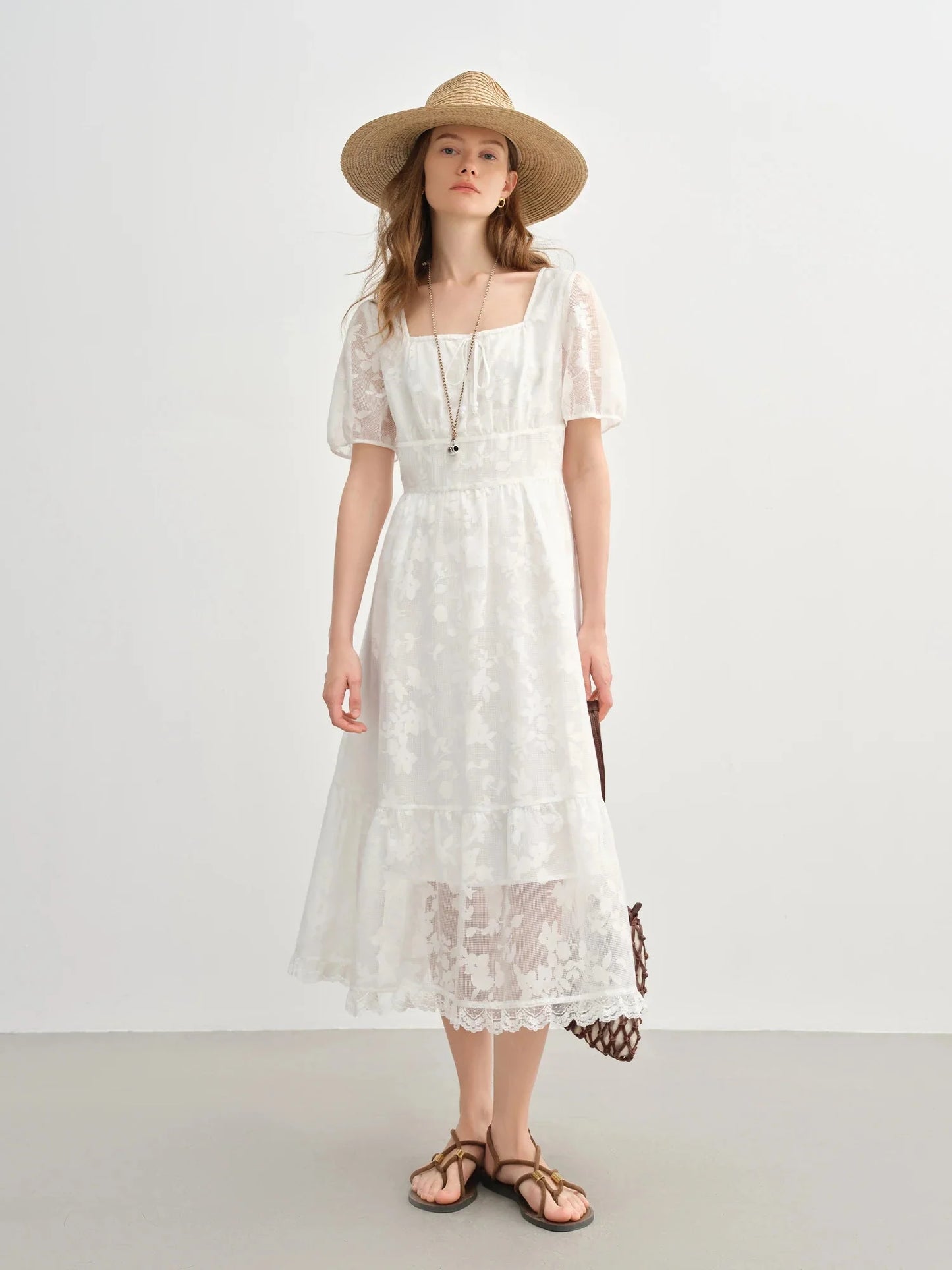 Plus Size White Burnout Dress Elegant Square Neck Summer