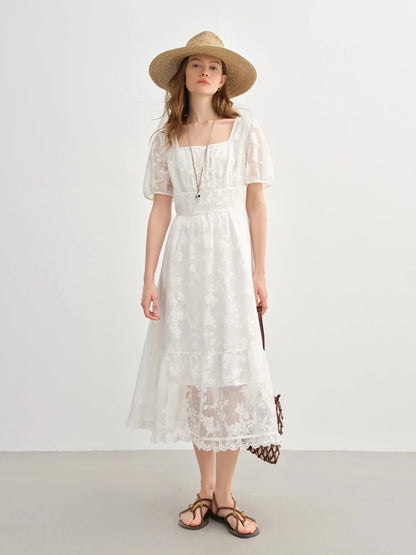 Plus Size White Burnout Dress Elegant Square Neck Summer