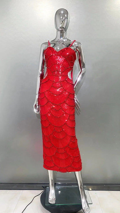STOCK New Arrival Shining Sequins Beading Hollow Out Spaghetti Strap Long Dress Woman Birthday Party Dress Sweet Dateing Outfit