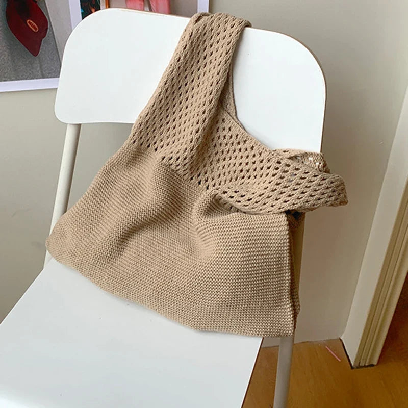 New Trend Women's Crochet Handbag | Retro Knitted Braid Solid Color Hollow Top-Handle Tote Bag (Black Khaki Shopper)