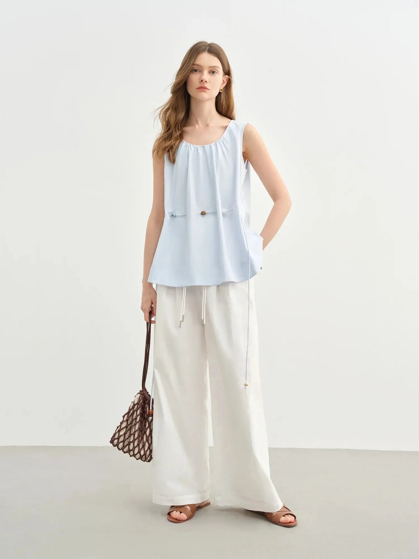 Women's Beaded Sleeveless Blue Cotton Top