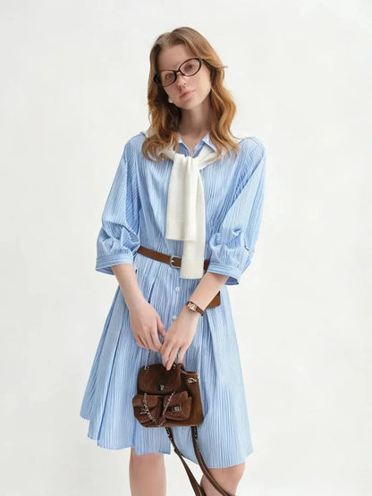 Waist-Defined Pleated Shirt Dress in Blue and White Stripe