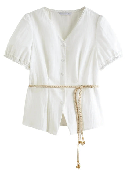 Summer V-Neck Top with Textured Pleats