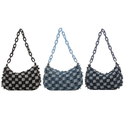 Vintage Women's Casual Shoulder & Underarm Bag | Plaid Pattern Denim Small Purse (Ladies Chain Leisure Handbag, Hobo Style)