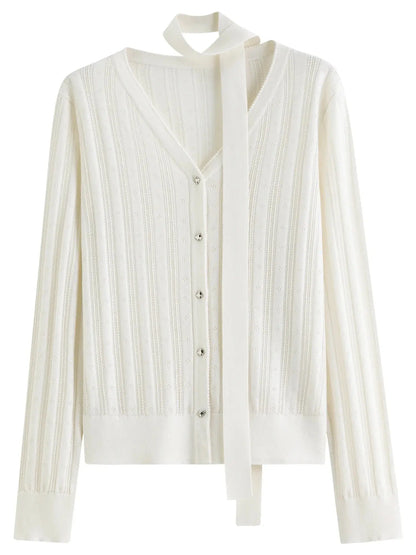 Detachable Bow & Lace Knit Cardigan