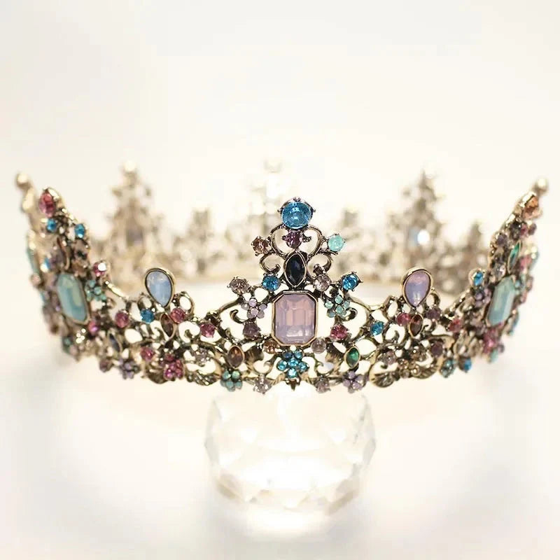 Round Colorful Crystal Rhinestone Wedding Queen Crown Headwear Retro Bridal Crown Color Headwear Crown Party Dress Hair Accessor