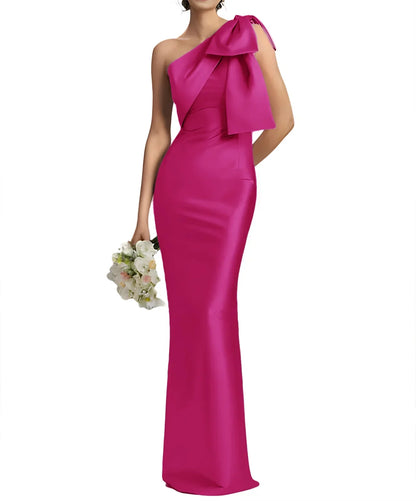 Satin Single Shoulder With Bow Bridal Formal Dress