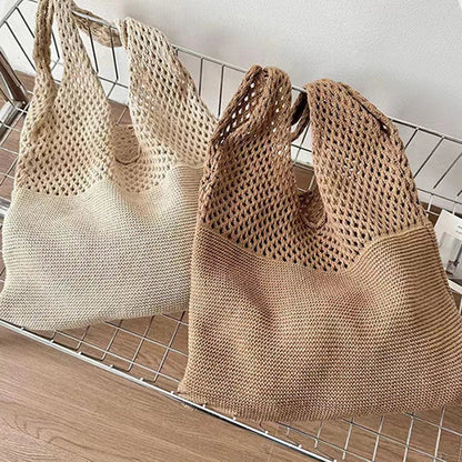 New Trend Women's Crochet Handbag | Retro Knitted Braid Solid Color Hollow Top-Handle Tote Bag (Black Khaki Shopper)