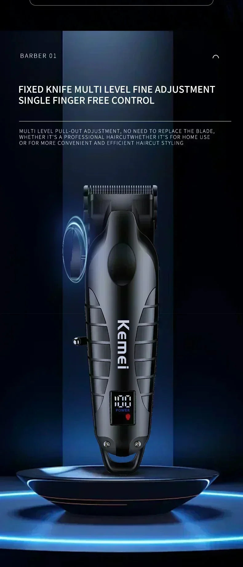 Kemei Professional Hair Clipper – LCD Display, Cordless Electric Trimmer