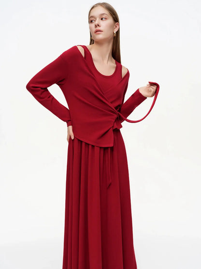 Women's Cardigan Red Tie-Front & Dress Set