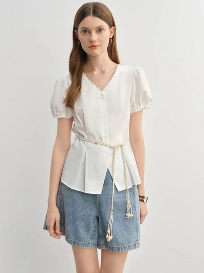 Summer V-Neck Top with Textured Pleats