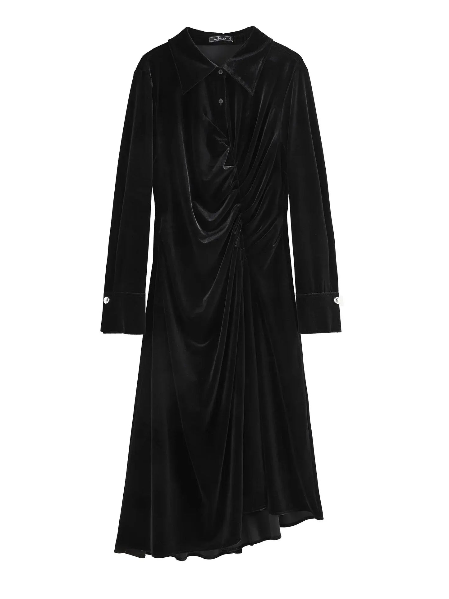 Elegant Black Velvet Long Dress with Polo Neck