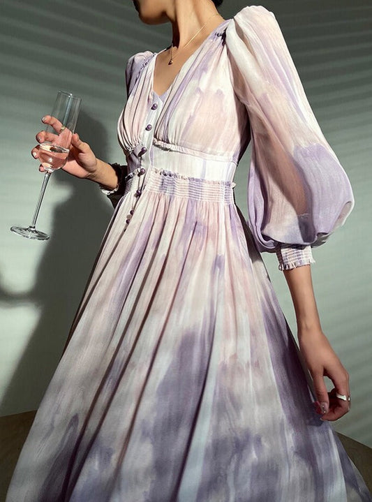 Printed Dress V-neck Long Sleeve Single-breasted Women A-line Dress vestidos