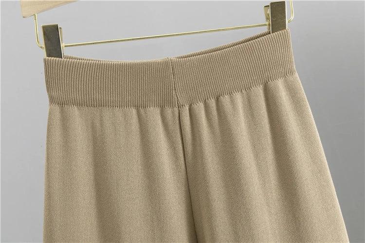 Autumn Winter Women Knit 2 Piece Set New Large Gold Button V-neck Cardigan Coats+High Waist Baggy Wide Leg Pants Sweater Suits