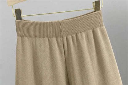Autumn Winter Women Knit 2 Piece Set New Large Gold Button V-neck Cardigan Coats+High Waist Baggy Wide Leg Pants Sweater Suits