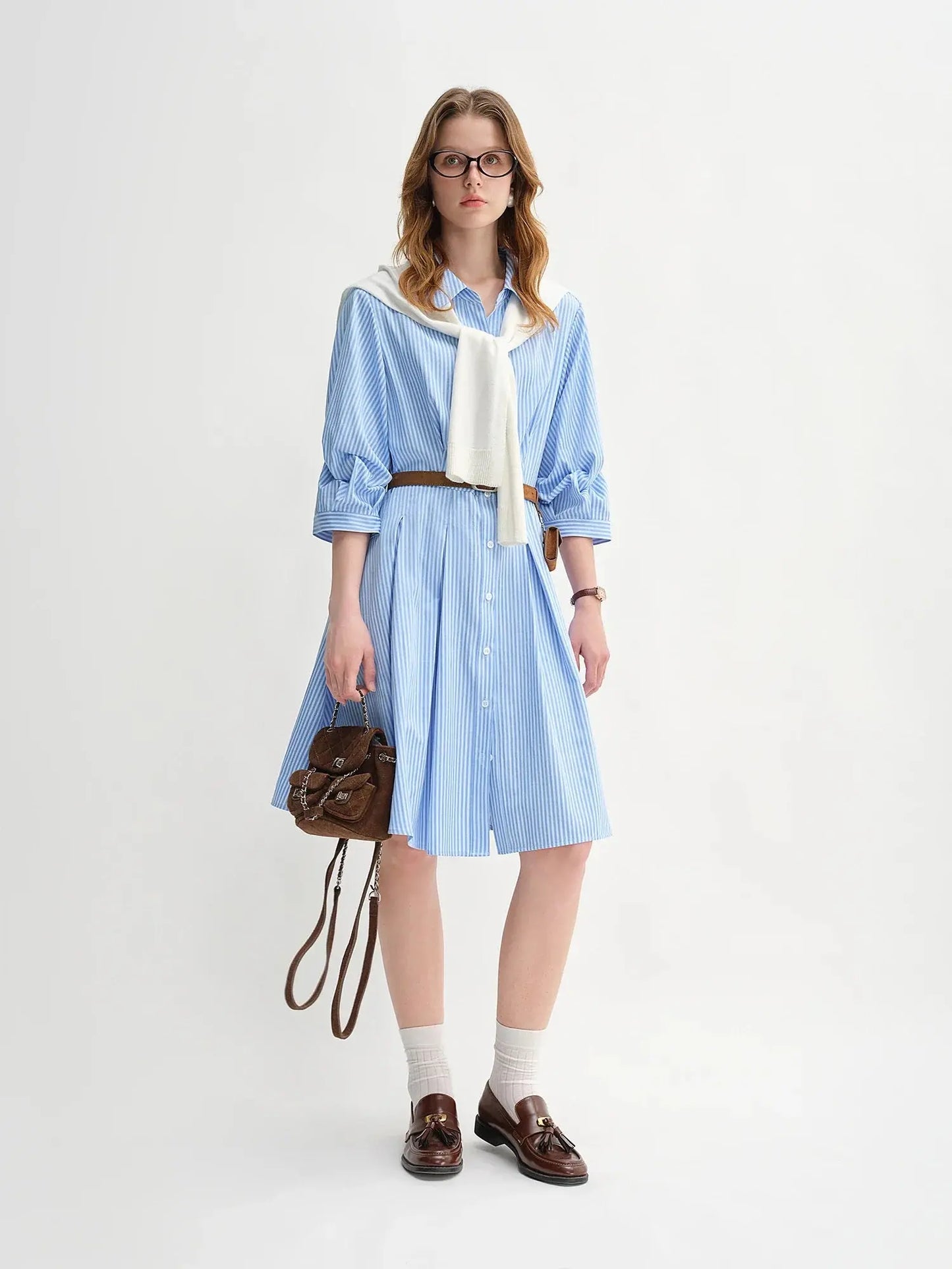 Waist-Defined Pleated Shirt Dress in Blue and White Stripe
