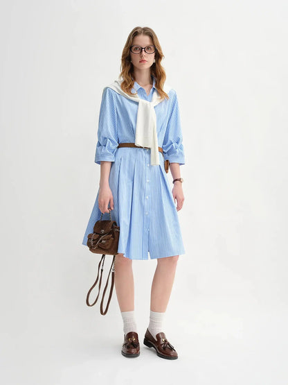 Waist-Defined Pleated Shirt Dress in Blue and White Stripe